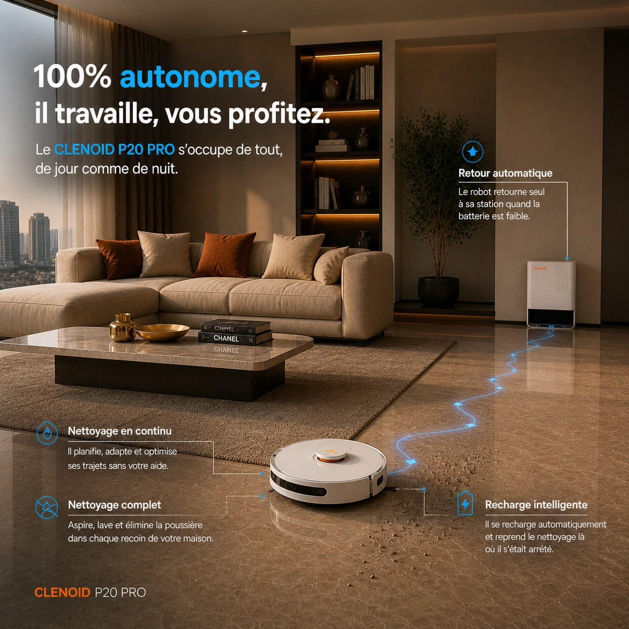 Robot Aspirateur Laveur Intelligent  8000 Pa Navigation LiDAR 360° Serpillères auto-séchante vidange automatique  –CLENOID P20 PRO