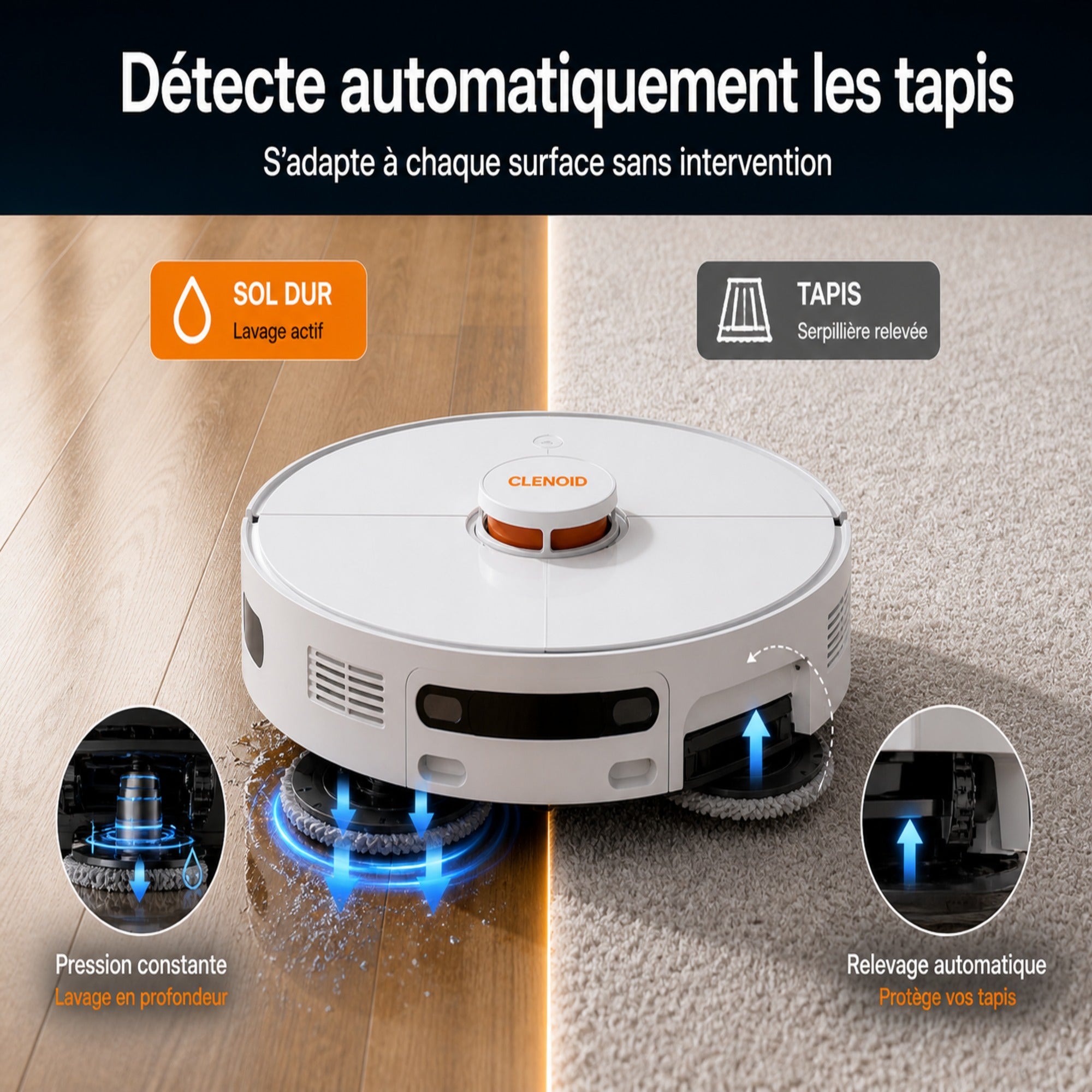 Robot Aspirateur Laveur Intelligent  8000 Pa Navigation LiDAR 360° Serpillères auto-séchante vidange automatique  –CLENOID P20 PRO