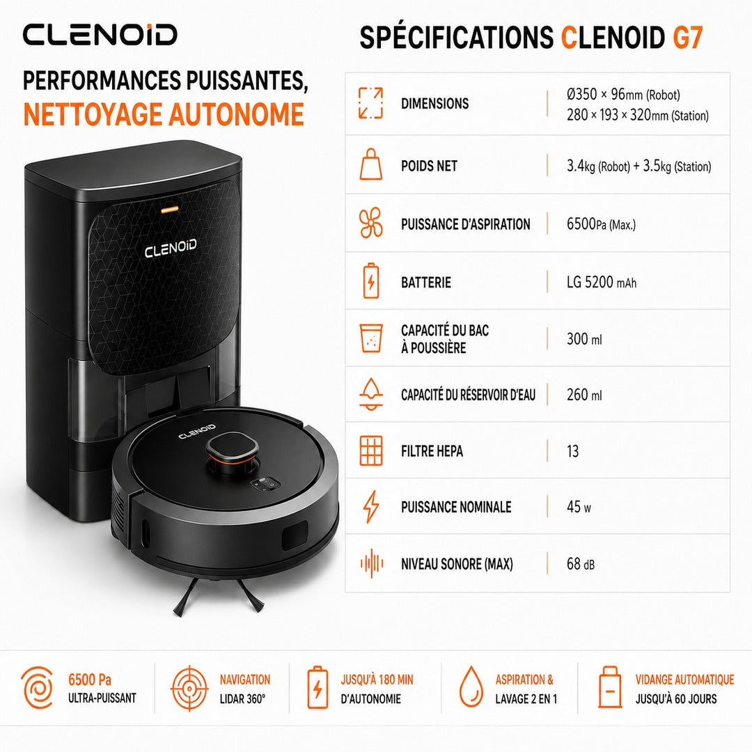 Robot Aspirateur Laveur Intelligent 6500 Pa Navigation Laser Station Auto – CLENOID G7 MAX