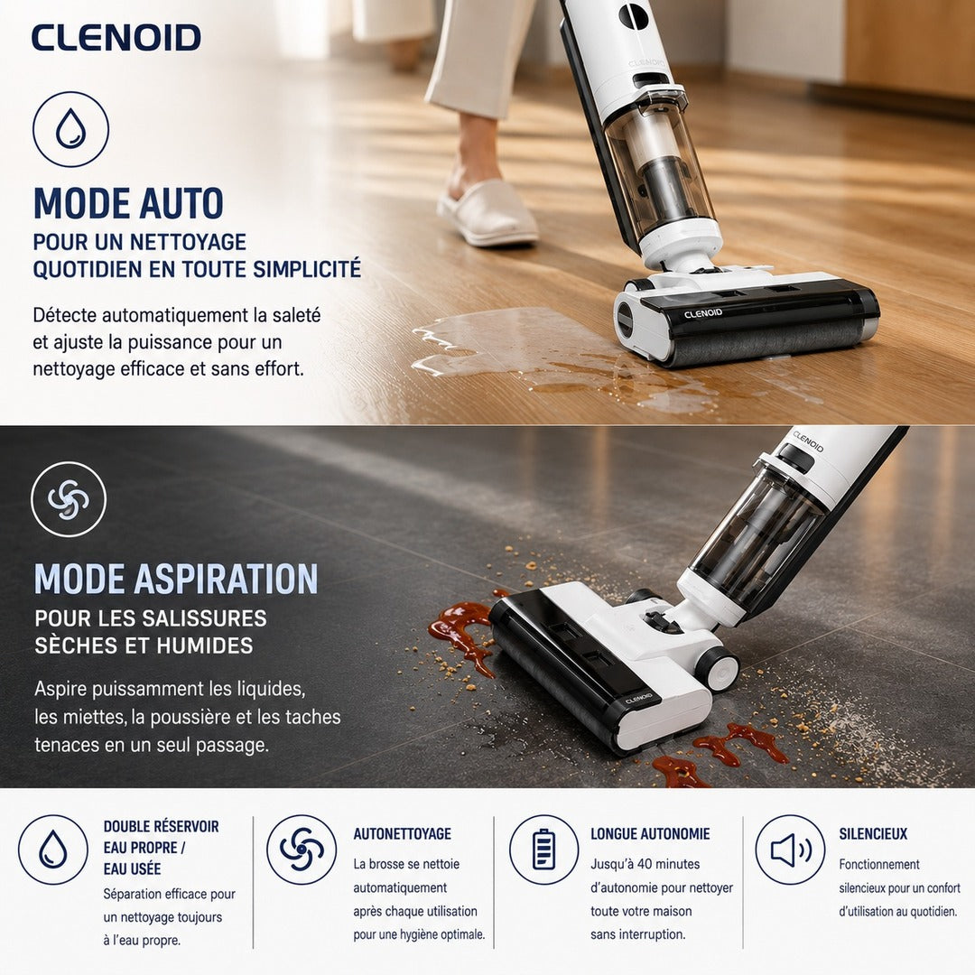 Aspirateur laveur sans fil léger autopropulsé Séchage de sol autonettoyant -CLENOID H13 CORE