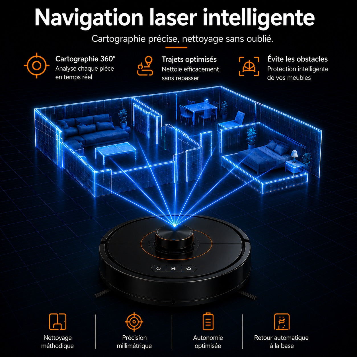 Robot Aspirateur Laveur Intelligent Aspiration puissante Poils d'animaux  application mobile  –  CLENOID V30.